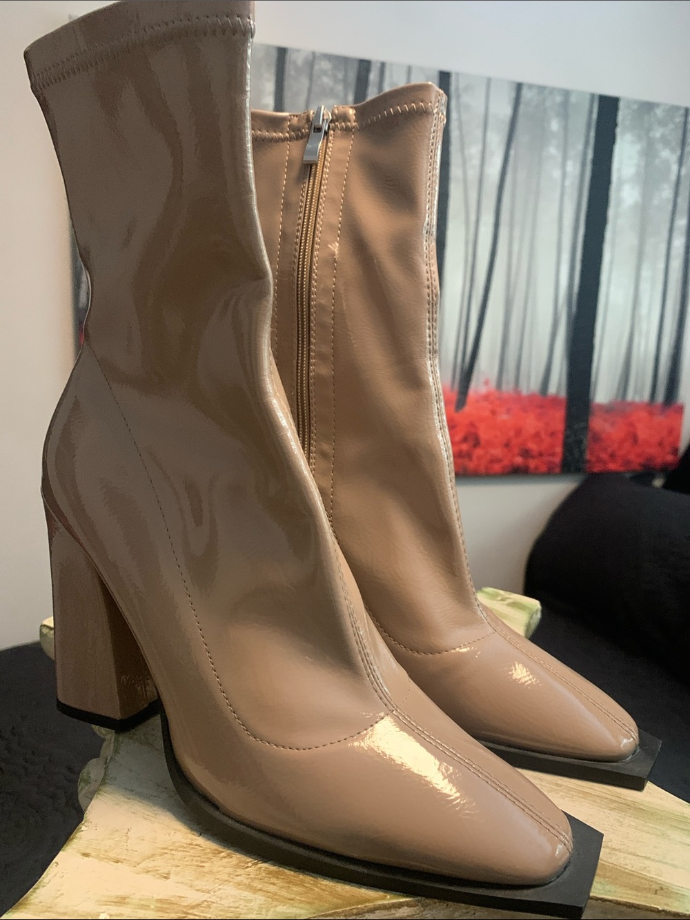 Princess Polly Nude Patent Block Heel Ankle Boots